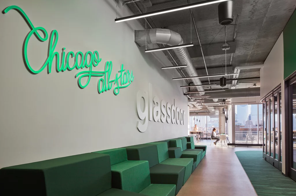 The interior of the Glassdoor office with 3D letter signage displayed on the wall.